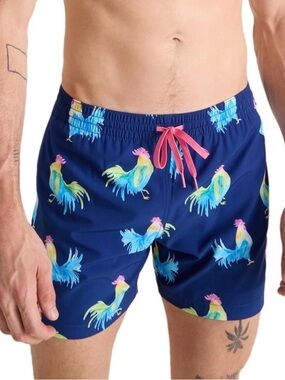 chubbies Navy Swim Trunks with Multicolor Rooster Print